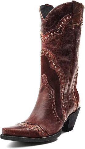 Agodor Brown Cowboy Boots For Women Cowgirl Ladies Mid Calf Boots with Classic Studded, Pointed Toe Chunky Heel Pull On Fashion Dress Wedding Western Booties US7 in Saudi Arabia