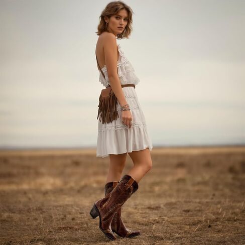 Agodor Brown Cowboy Boots For Women Cowgirl Ladies Mid Calf Boots with Classic Studded, Pointed Toe Chunky Heel Pull On Fashion Dress Wedding Western Booties US7 in Saudi Arabia