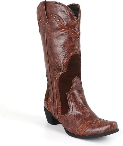 Agodor Brown Cowboy Boots For Women Cowgirl Ladies Mid Calf Boots with Classic Studded, Pointed Toe Chunky Heel Pull On Fashion Dress Wedding Western Booties US7 in Saudi Arabia
