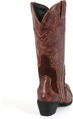 Agodor Brown Cowboy Boots For Women Cowgirl Ladies Mid Calf Boots with Classic Studded, Pointed Toe Chunky Heel Pull On Fashion Dress Wedding Western Booties US7 in Saudi Arabia