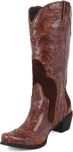 Agodor Brown Cowboy Boots For Women Cowgirl Ladies Mid Calf Boots with Classic Studded, Pointed Toe Chunky Heel Pull On Fashion Dress Wedding Western Booties US7 in Saudi Arabia