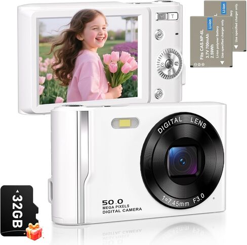 50MP 4K Digital Camera for Photography, Autofocus Vlogging Camera with 32GB TF Card & 2 Batteries, 16X Zoom Compact Point and Shoot Camera for Kids Teens Beginners, White in Kuwait