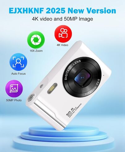 50MP 4K Digital Camera for Photography, Autofocus Vlogging Camera with 32GB TF Card & 2 Batteries, 16X Zoom Compact Point and Shoot Camera for Kids Teens Beginners, White in Kuwait