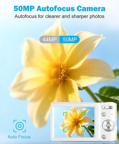 50MP 4K Digital Camera for Photography, Autofocus Vlogging Camera with 32GB TF Card & 2 Batteries, 16X Zoom Compact Point and Shoot Camera for Kids Teens Beginners, White in Kuwait