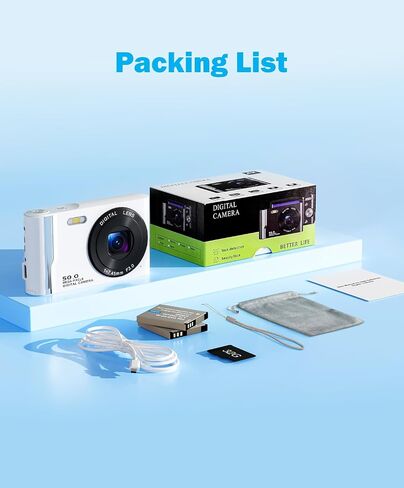 50MP 4K Digital Camera for Photography, Autofocus Vlogging Camera with 32GB TF Card & 2 Batteries, 16X Zoom Compact Point and Shoot Camera for Kids Teens Beginners, White in Kuwait