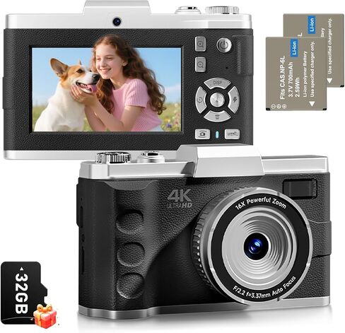 4K Digital Camera for Photography, Autofocus 64MP Vlogging Camera for YouTube Video, Rear and Front Cameras, 16X Zoom Compact Anti-Shake Camera for Teens with 2 Batteries, 32GB Card, Black in Kuwait