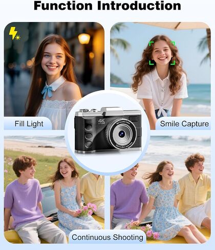 4K Digital Camera for Photography, Autofocus 64MP Vlogging Camera for YouTube Video, Rear and Front Cameras, 16X Zoom Compact Anti-Shake Camera for Teens with 2 Batteries, 32GB Card, Black in Kuwait