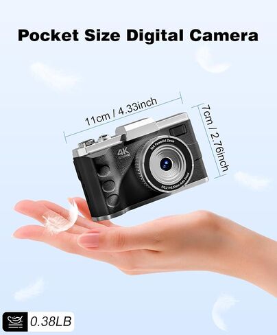 4K Digital Camera for Photography, Autofocus 64MP Vlogging Camera for YouTube Video, Rear and Front Cameras, 16X Zoom Compact Anti-Shake Camera for Teens with 2 Batteries, 32GB Card, Black in Kuwait
