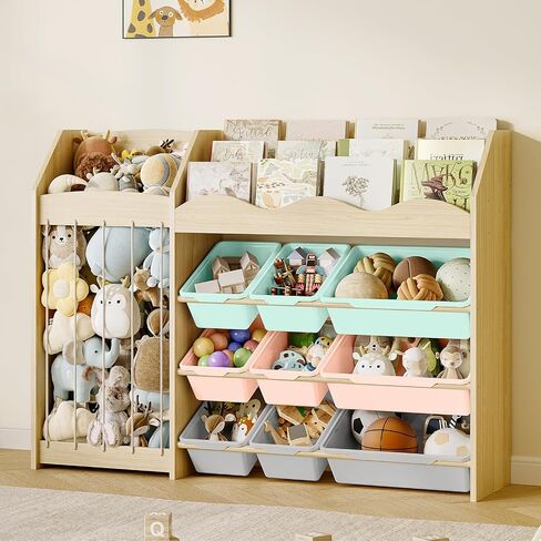 EXPERLAM Toy Storage Organizer, Scalloped Bookshelf, Plush Holder, 9 Bins | Scalloped book display and plush toy holder in solid pine wood for independent reading and stuffed animal storage in Saudi Arabia