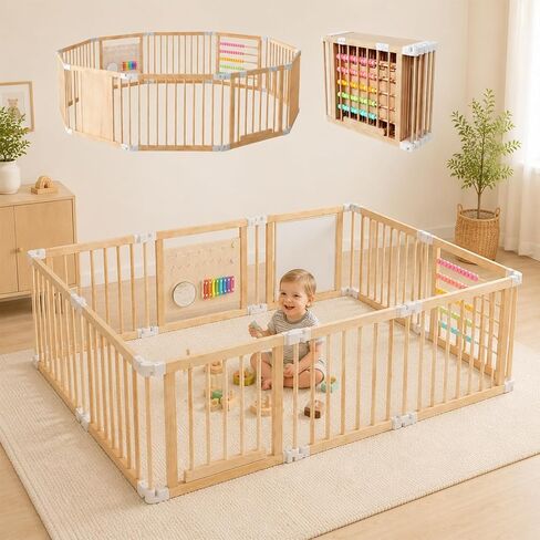Wooden Baby Playpen, Foldable Baby Safety Fence, 10 Panels | Baby Fence Area with Activity Panels & Locking Gate, Adjustable Size & Shape Toddler Playpen Fence for Babies & Toddlers in Kuwait