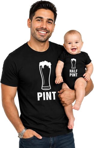 Pint Half Pint Dad Baby Matching Shirts Funny Father's Day Bodysuit Set | Soft cotton matching tee and bodysuit; great for Father's Day, new dad, daddy and me photos, funny gift in Saudi Arabia