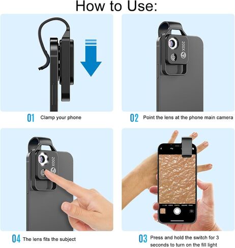 200X Pocket Microscope, 85-150lm Brightness 6000-6500K Phone Clip Microscope Easy To Install Adjustable Sliding Cover in Saudi Arabia