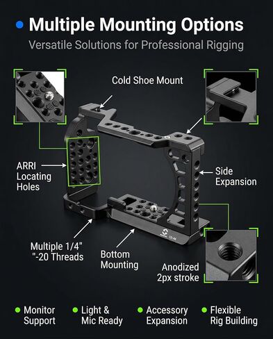 Full Camera Cage for Sony A6400, A6100, A6300, A6500, A6600, CNC Aluminum Camera Rig Cage with 1/4"-20 & 3/8"-16 Mounting Points, ARRI Locating Holes, Cold Shoe in Kuwait