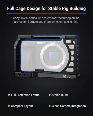 Full Camera Cage for Sony A6400, A6100, A6300, A6500, A6600, CNC Aluminum Camera Rig Cage with 1/4"-20 & 3/8"-16 Mounting Points, ARRI Locating Holes, Cold Shoe in Kuwait