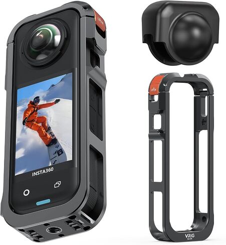 VRIG Frame Cage for Insta360 X5, Aluminum Alloy Protective Case with Silicone Lens Cover, Built-in 2 Cold Shoe Mounts for Microphone and LED Video Light and 1/4" Screw Hole in Kuwait