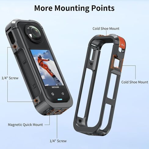 VRIG Frame Cage for Insta360 X5, Aluminum Alloy Protective Case with Silicone Lens Cover, Built-in 2 Cold Shoe Mounts for Microphone and LED Video Light and 1/4" Screw Hole in Kuwait