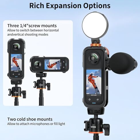 VRIG Frame Cage for Insta360 X5, Aluminum Alloy Protective Case with Silicone Lens Cover, Built-in 2 Cold Shoe Mounts for Microphone and LED Video Light and 1/4" Screw Hole in Kuwait