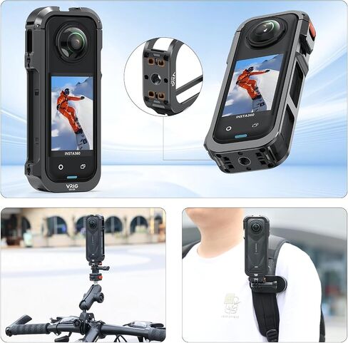 VRIG Frame Cage for Insta360 X5, Aluminum Alloy Protective Case with Silicone Lens Cover, Built-in 2 Cold Shoe Mounts for Microphone and LED Video Light and 1/4" Screw Hole in Kuwait