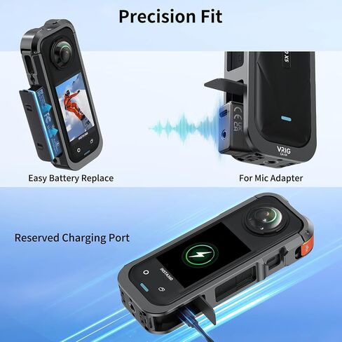VRIG Frame Cage for Insta360 X5, Aluminum Alloy Protective Case with Silicone Lens Cover, Built-in 2 Cold Shoe Mounts for Microphone and LED Video Light and 1/4" Screw Hole in Kuwait