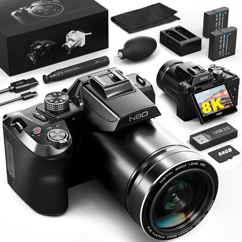 64MP 8K Cameras for Photography with 2.8" Flip Screen & Hot Shoe,Vlogging Camera for YouTube,64G TF Card & 2 Batteries, 16X Zoom Autofocus, 180° Flip Screen, WiFi, Anti-Shake for Photography (Black) in Kuwait