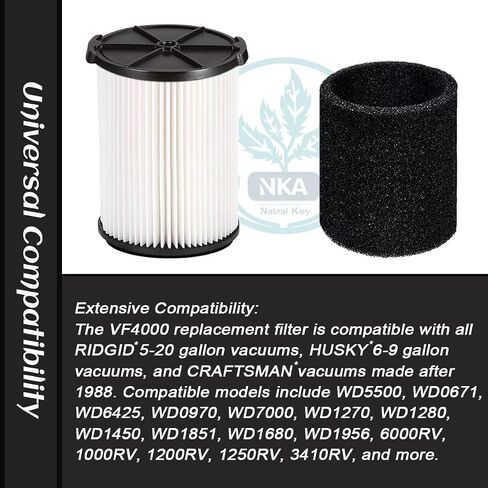 1-Pack VF4000 filter for ridgid shop vac, Compatible with RIDGID 5-20 Gal & Husky 6-9 Gal Shop Vac accessories - Fits Models WD5500 WD0671 RV2400A RV2600B, Wet/Dry Vacuum Filter with 2 Foam Sleeves in Saudi Arabia