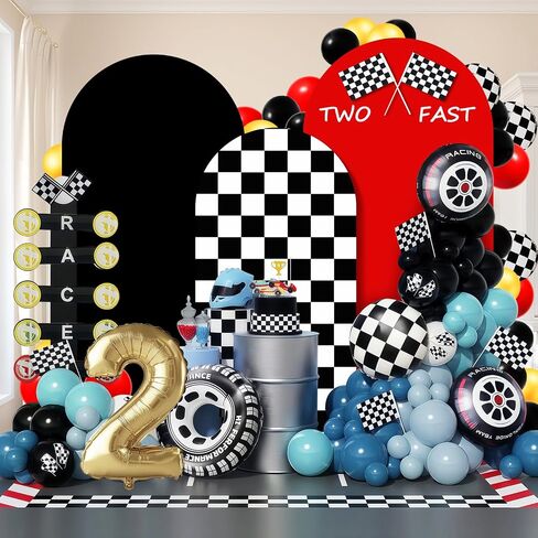 Arch Backdrop Cover Set of 3 (6/6.6/7.2FT) Monster Truck Birthday Party Decorations Cars Racing Themed Arch Cover Spandex Fitted Covers for Kid Boys Let's Go Racing Party Supplies in Kuwait