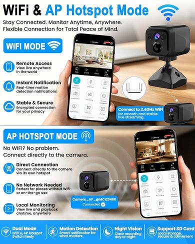 Mini Camera, 4K No Wifi Security Camera, WiFi & AP Mode, 160 Days Standby | Works With or Whitout Wifi, Low Power Consumption, Night Vision, Motion Detection, for Home/Pet/Indoor/Outdoor, Black in Saudi Arabia