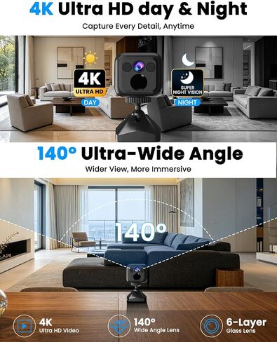 Mini Camera, 4K No Wifi Security Camera, WiFi & AP Mode, 160 Days Standby | Works With or Whitout Wifi, Low Power Consumption, Night Vision, Motion Detection, for Home/Pet/Indoor/Outdoor, Black in Saudi Arabia