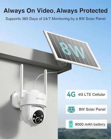 ZUMIMALL 2K Solar Security Camera Outdoor 24/7 Recording, 4G LTE Cellular Solar Powered Camera with Built-in SIM Card, 2K Color Night Vision, AI Tracking, 360° View, No WiFi Needed in Saudi Arabia