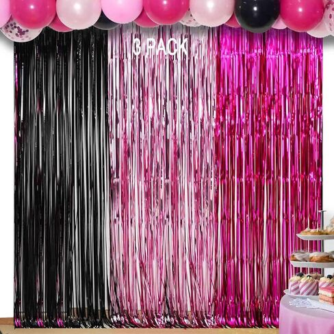 Pink and Black Birthday Decorations - 3 Pack of 3.2x8.2ft Dark Light Pink Fuchsia Tinsel Fringe Backdrop Streamers Curtains for Women Birthday Valentines Day Party Decorations in Kuwait