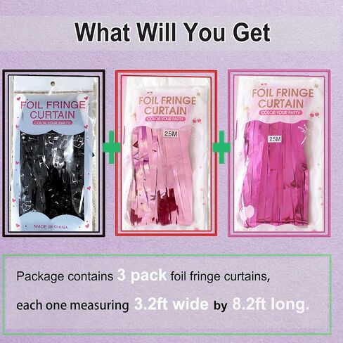 Pink and Black Birthday Decorations - 3 Pack of 3.2x8.2ft Dark Light Pink Fuchsia Tinsel Fringe Backdrop Streamers Curtains for Women Birthday Valentines Day Party Decorations in Kuwait