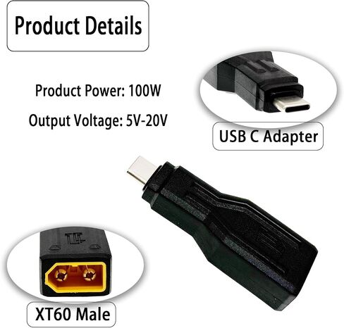 2Pcs XT60 to USB C Adapter，XT60 Male to USB Type-C Male Charging Connector for Notebook, Projectors, LED, Robot Vacuum,and Other Typec Devices in Kuwait