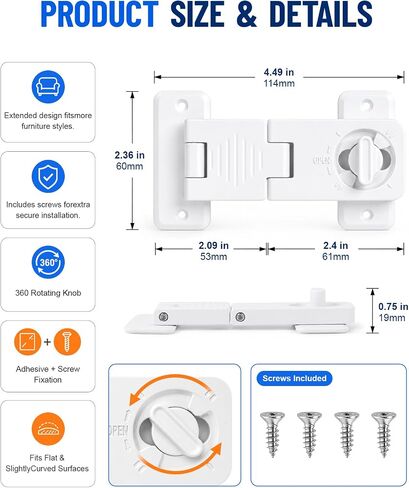 Refrigerator Door Lock 3 Pack - Baby Proof Latch for Fridge Cabinet | White Childproof Locks For Dresser, Drawer, French Fridge, Freezer, Oven And RV Camper, 360° Knob Switch With Screws Included in Saudi Arabia