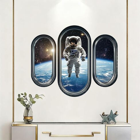 3pcs/Set 3D Space Capsule Window Wall Sticker Outer Space Wall Decor DIY Peel and Stick Art Mural Astronaut Wall Sticker for Bedroom Nursery Living Room Home Decor in Kuwait