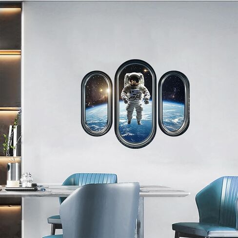 3pcs/Set 3D Space Capsule Window Wall Sticker Outer Space Wall Decor DIY Peel and Stick Art Mural Astronaut Wall Sticker for Bedroom Nursery Living Room Home Decor in Kuwait