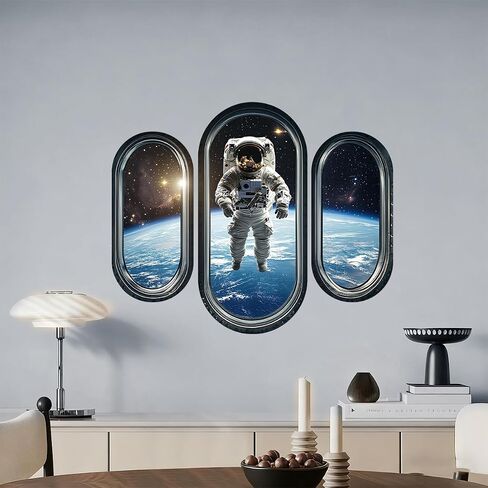 3pcs/Set 3D Space Capsule Window Wall Sticker Outer Space Wall Decor DIY Peel and Stick Art Mural Astronaut Wall Sticker for Bedroom Nursery Living Room Home Decor in Kuwait
