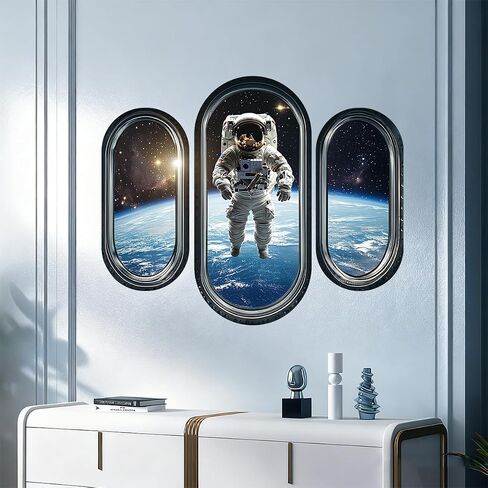 3pcs/Set 3D Space Capsule Window Wall Sticker Outer Space Wall Decor DIY Peel and Stick Art Mural Astronaut Wall Sticker for Bedroom Nursery Living Room Home Decor in Kuwait