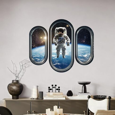 3pcs/Set 3D Space Capsule Window Wall Sticker Outer Space Wall Decor DIY Peel and Stick Art Mural Astronaut Wall Sticker for Bedroom Nursery Living Room Home Decor in Kuwait