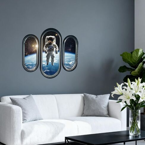 3pcs/Set 3D Space Capsule Window Wall Sticker Outer Space Wall Decor DIY Peel and Stick Art Mural Astronaut Wall Sticker for Bedroom Nursery Living Room Home Decor in Kuwait