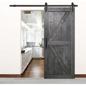 S&Z TOPHAND® 34in x 84in Deep Gray Knotty Pine Barn Door with 6.6FT Sliding Hardware Kit/Solid Wood/Simple Assembly is Required in Saudi Arabia