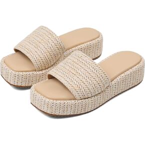 EQAUDES Platform Sandals Women Summer Beach Wedge Espadrille Raffia Slides | platform slip on sandal, open toe straw woven shoes for summer outfits, beach days and vacations in Saudi Arabia