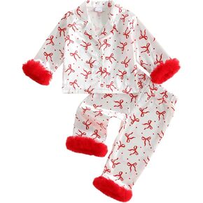 Toddler Girl Fall Satin Pajamas Set Fuzzy Bow Print Lapel Tops and Pants | Kids Satin Pajamas Toddler Girl Bow Print Feather Trim Pajama Set 2 Piece Button Down Lapel Shirt and Pants Girls Sleepwear in Saudi Arabia