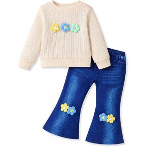 Renotemy Toddler Girl Clothes Fall Little Girls Outfits Baby Gift 12M-5Y | Toddler Girls Clothing,Soft Knit Fabric Sweater and Elastic Waist Flare Pants 2Pc Set,Christmas Birthday Gifts,Back to School in Saudi Arabia