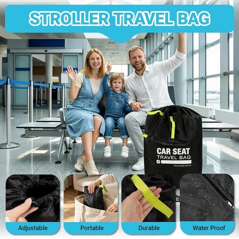 Foldable Car Seat Travel Bag, Zippered with Backpack Straps and Drawstring | Foldable zippered travel bag for car seat with backpack straps and drawstring closure. Compact for flight carry. in Saudi Arabia