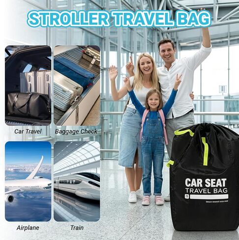 Foldable Car Seat Travel Bag, Zippered with Backpack Straps and Drawstring | Foldable zippered travel bag for car seat with backpack straps and drawstring closure. Compact for flight carry. in Saudi Arabia