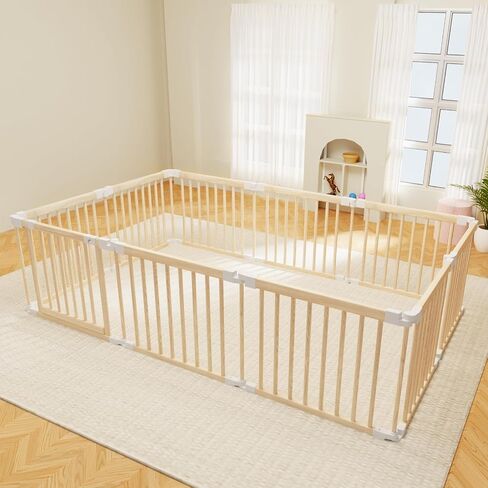 Baby Playpen, 56x83x24.1 inch, Foldable Wooden Play Yard with Gate | Adjustable Activity Center, Child Proof Lock, Expandable and Portable，For Babies 6 to 36 months in Saudi Arabia