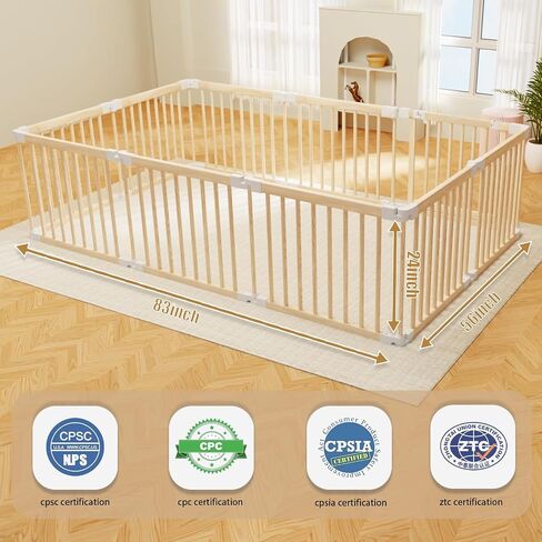 Baby Playpen, 56x83x24.1 inch, Foldable Wooden Play Yard with Gate | Adjustable Activity Center, Child Proof Lock, Expandable and Portable，For Babies 6 to 36 months in Saudi Arabia