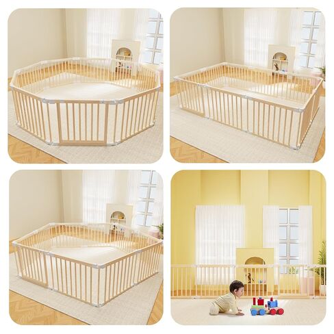 Baby Playpen, 56x83x24.1 inch, Foldable Wooden Play Yard with Gate | Adjustable Activity Center, Child Proof Lock, Expandable and Portable，For Babies 6 to 36 months in Saudi Arabia