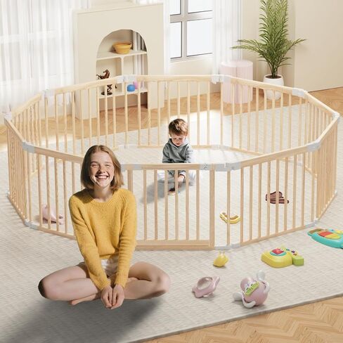 Baby Playpen, 56x83x24.1 inch, Foldable Wooden Play Yard with Gate | Adjustable Activity Center, Child Proof Lock, Expandable and Portable，For Babies 6 to 36 months in Saudi Arabia
