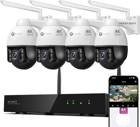 xmartO 4K 8MP Heavy-Duty WiFi 6 Security Camera System Bundle, 10-Channel NVR & 4 Plug-in PTZ Cameras, 24/7 AI Tracking Surveillance, Vandal-Proof Metal Dome CAM, Long Range WiFi6, 0 Monthly Fee in Saudi Arabia